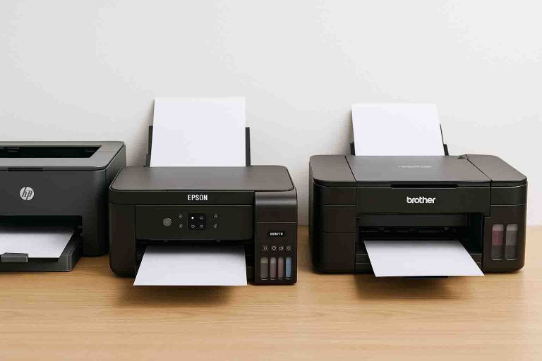 Modern laser and ink tank printers arranged together for servicing and comparison.